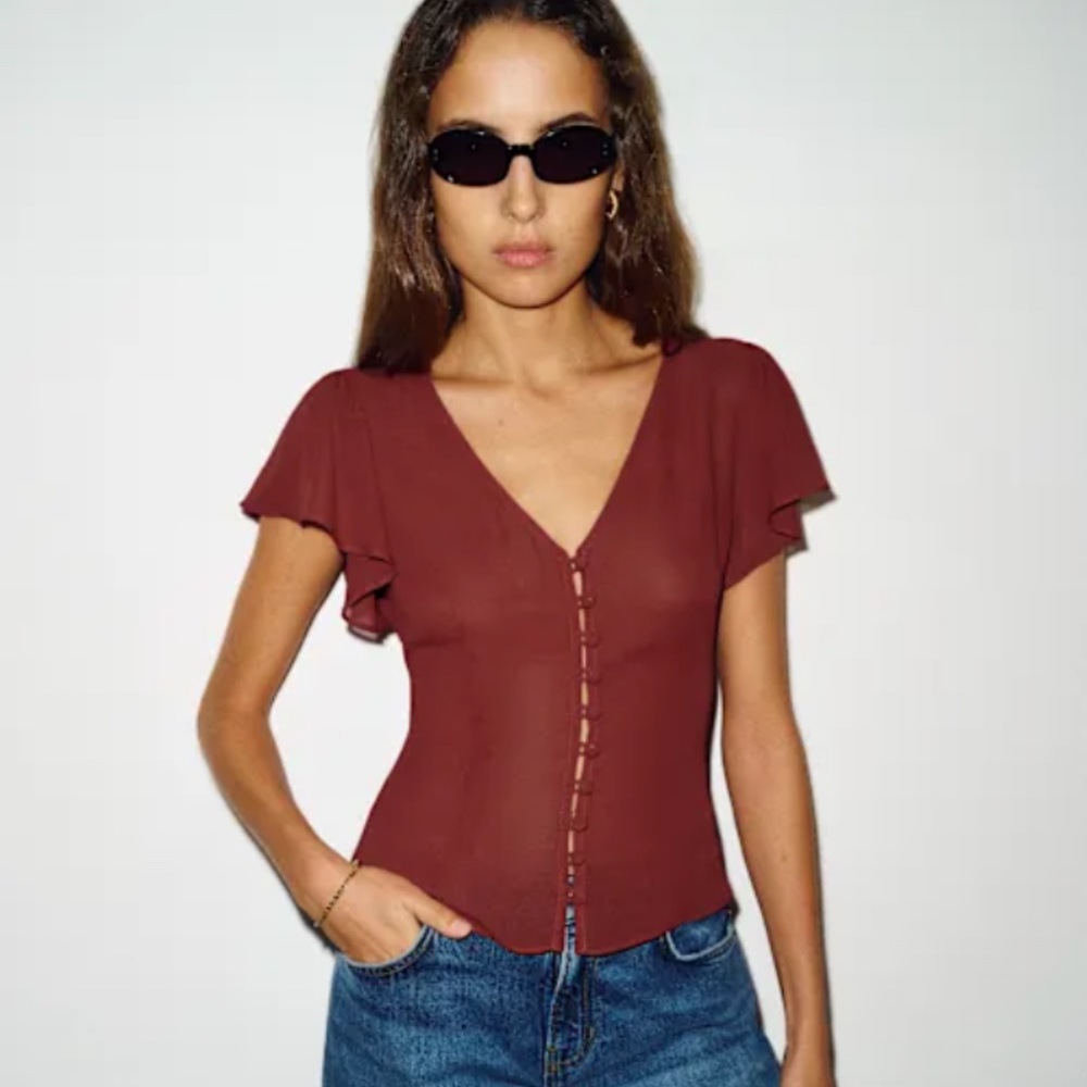 Reformation Ramona Top in Romance (Button-Front V-Neck Blouse)